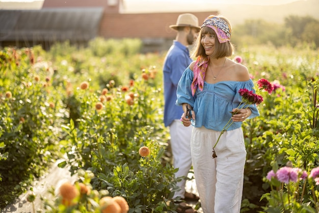 L'homme travaille à la ferme de dahlia à l'extérieur