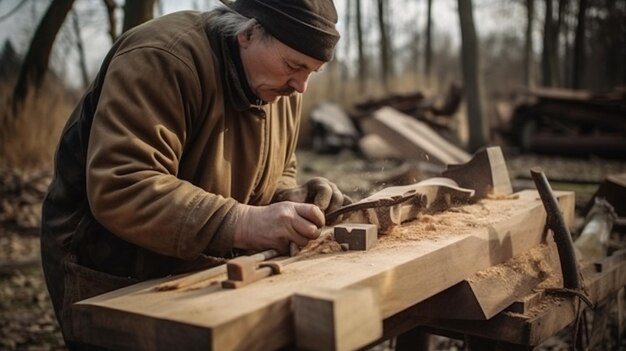 Un homme travaille sur un morceau de bois avec un manche en bois.