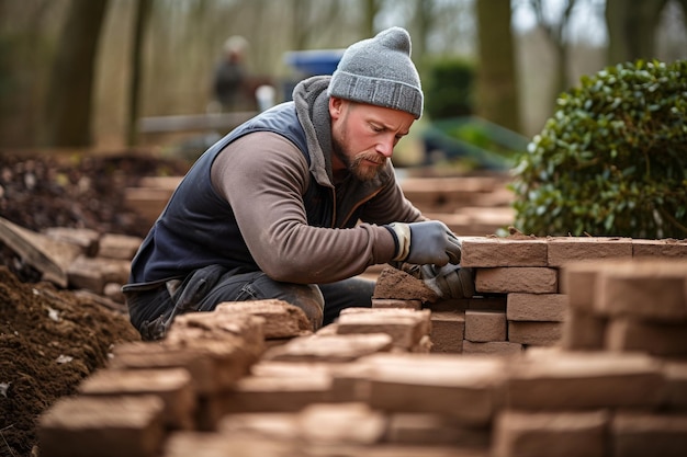 Un homme travaille sur un mur de briques