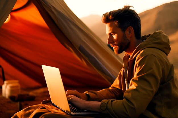 L'homme travaille sur un ordinateur portable dans une tente dans les montagnes