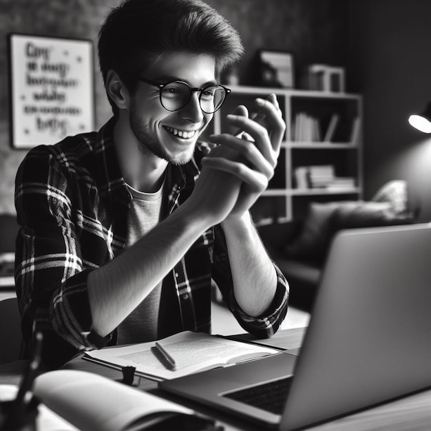 Un homme travaille sur un ordinateur portable et est content de son poste de travail pour la conception de modèles de médias sociaux