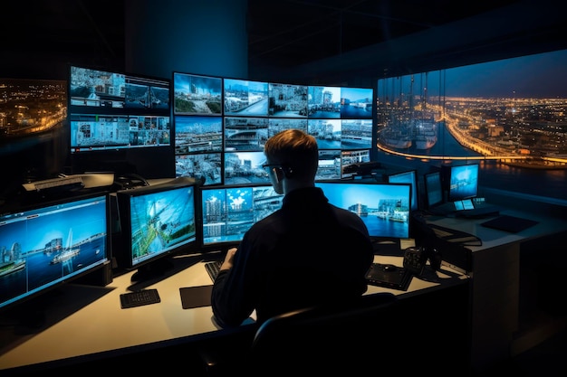 L'homme travaille sur un ordinateur avec vidéosurveillance CCTV dans un centre de surveillance du port