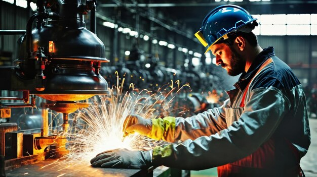 Un homme travaille sur une pièce métallique dans une usine