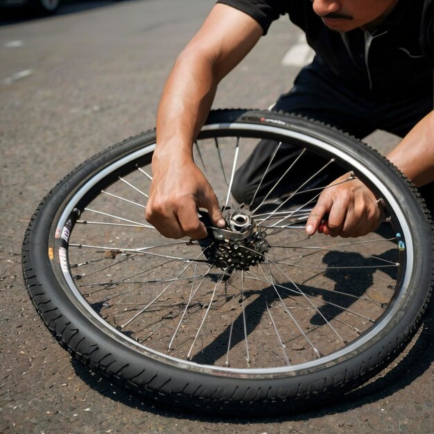 un homme travaille sur un pneu avec une clé