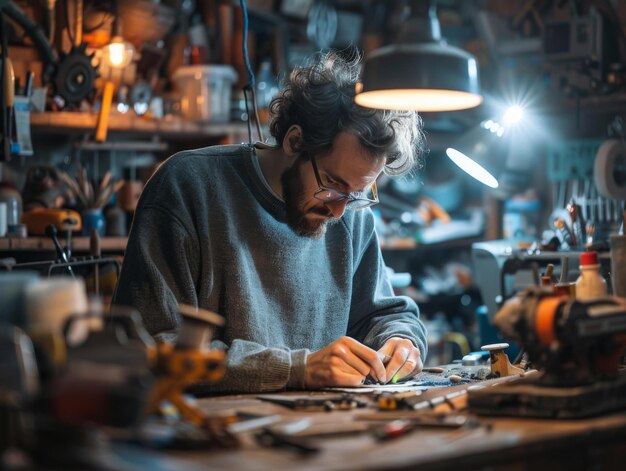 Photo un homme travaille sur un projet dans son atelier.