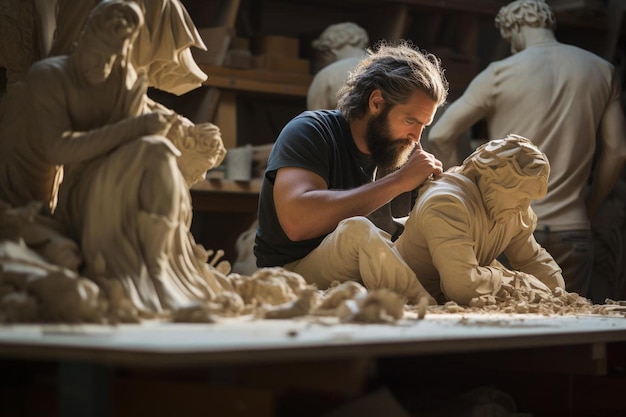 un homme travaille sur une sculpture devant une statue d'une femme.