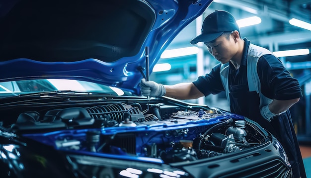 Un homme travaille sous le moteur d'une voiture.