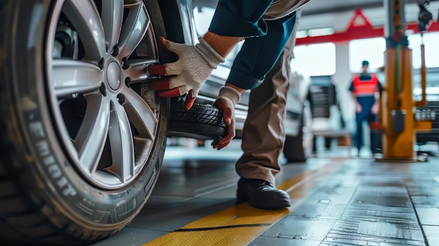 Photo un homme travaille sur une voiture dans un garage.