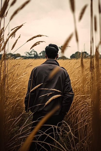 Un homme traverse un champ d'herbes hautes