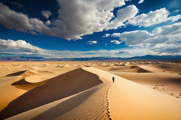 Un homme traverse un désert avec un ciel bleu et des nuages en arrière-plan.