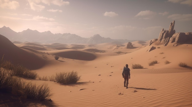 Un homme traverse un désert avec des montagnes en arrière-plan.