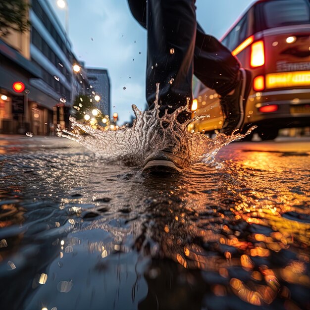 Photo un homme traverse une flaque d'eau dans une rue