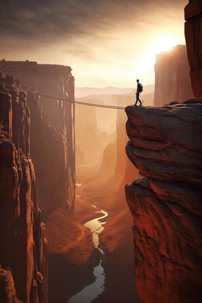 Un homme traverse un pont de corde au-dessus d’un canyon.