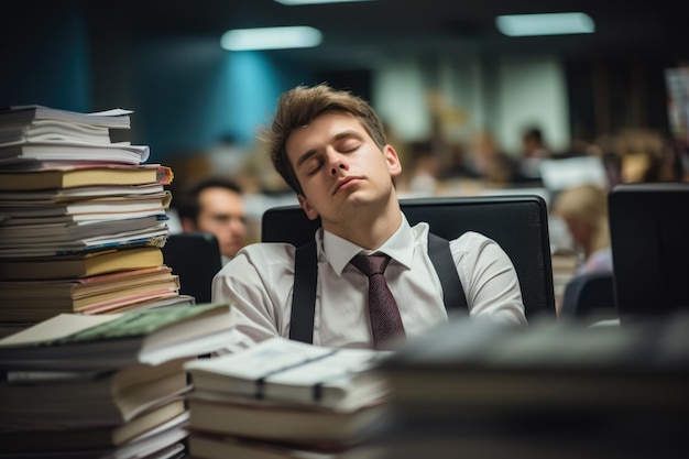 Un homme très fatigué dort sur beaucoup de dossiers au bureau