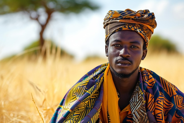 Photo homme de la tribu africaine portant des vêtements traditionnels avec la vue sur le champ d'herbe