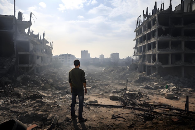 Un homme triste dans une ville détruite pendant la guerre.