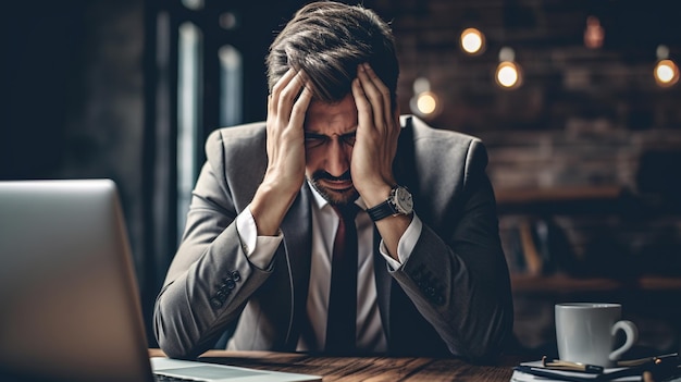 Un homme triste, un employé de bureau ou un indépendant fatigué de travailler dans un ordinateur portable, des problèmes ou un crash boursier.