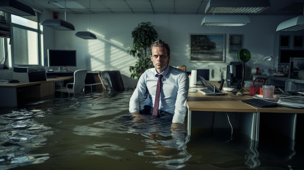 Un homme triste est assis dans un bureau inondé De l'eau autour