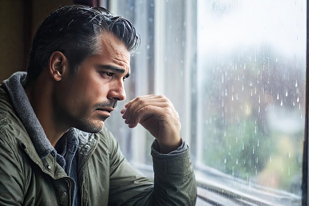 Un homme triste regardant la pluie assis près de la fenêtre.