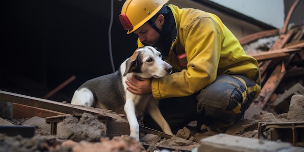 homme triste sale avec un chien assis sur les ruines de sa maison après une bannière de catastrophe de haute qualité