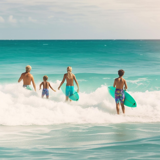 Un homme et trois garçons sont dans l'eau avec des planches de surf.