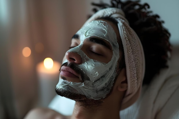 Un homme trouve un réconfort heureux à la maison avec un masque facial Concept AtHome Spa Days Rituels de soin de soi Routine de soin de la peau relaxante