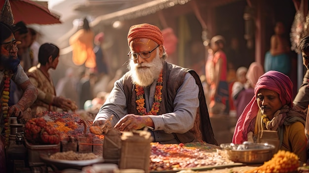 Un homme avec un turban assis devant une table pleine de pots Holi