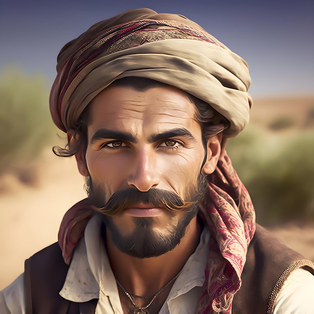 Un homme avec un turban et un foulard sur la tête.