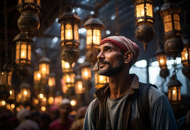 Un homme en turban se tient devant un groupe de lumières
