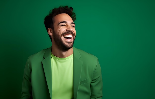 Un homme ultra beau souriant et riant portant des vêtements lumineux un fond vert solide lumineux