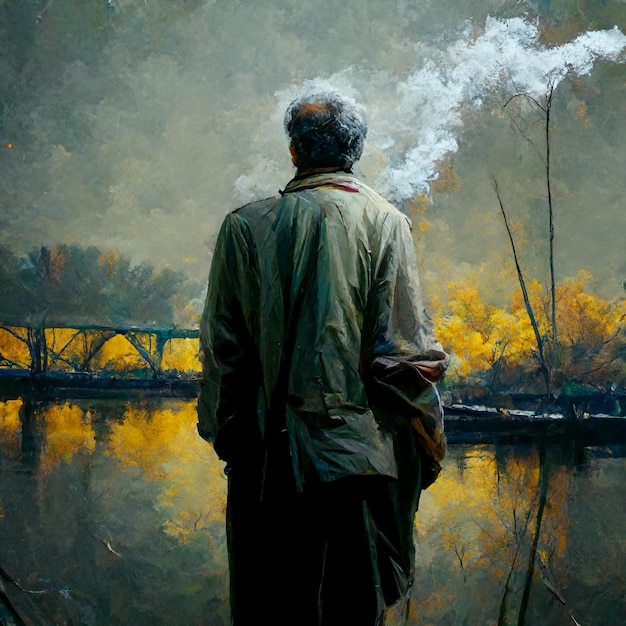 Homme ultraréaliste avec cigarette et son lac de pensées