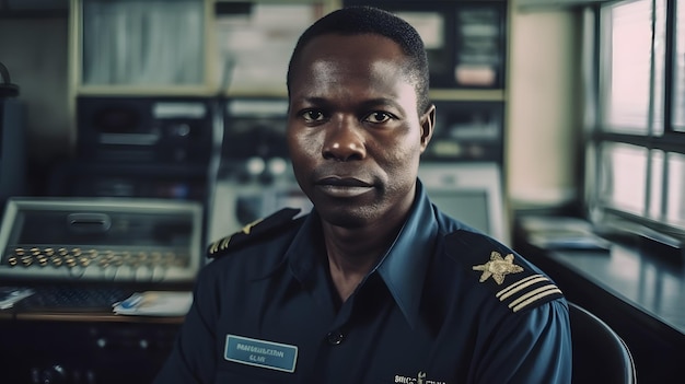 Un homme en uniforme bleu avec le nom de l'entreprise sur le devant