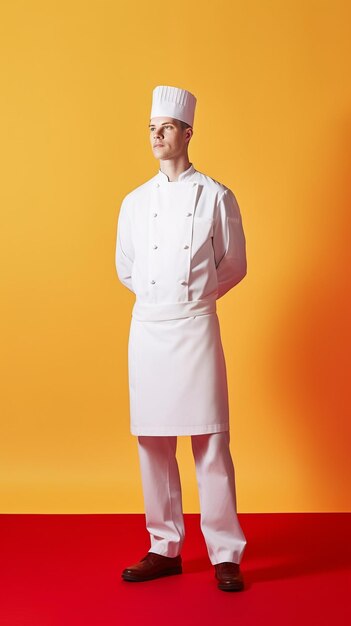 Un homme en uniforme de chef blanc se tient devant un fond jaune.