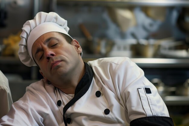 Photo un homme en uniforme de chef qui s'endort après une longue journée.