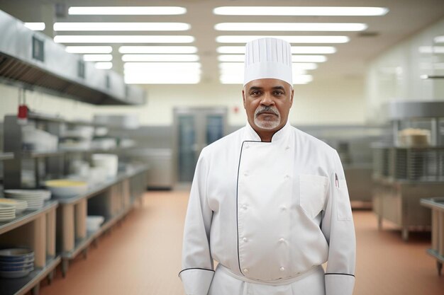 un homme en uniforme de chef se tient dans une cuisine