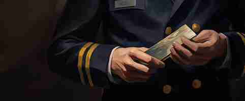 Photo un homme en uniforme de la marine tient son passeport dans le style azur foncé et or