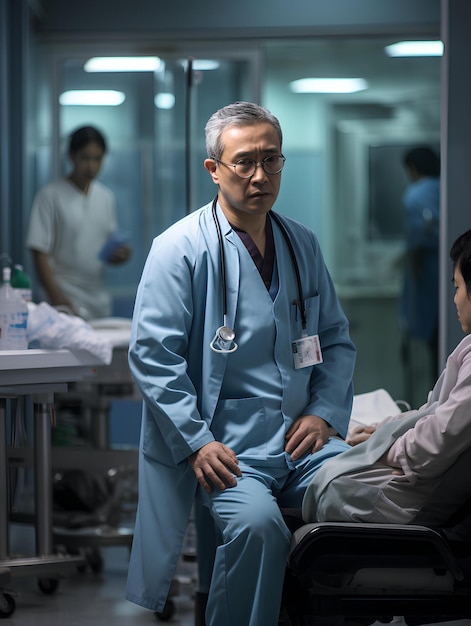 Un homme en uniforme médical est assis sur un lit d’hôpital