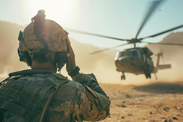 un homme en uniforme militaire debout devant un hélicoptère