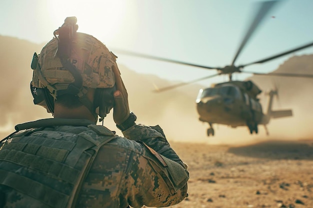 Photo un homme en uniforme militaire debout devant un hélicoptère