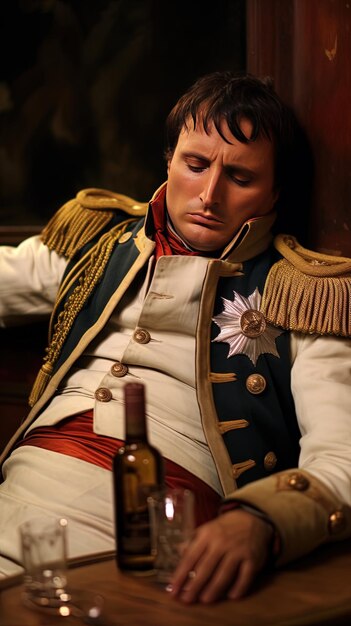 Photo un homme en uniforme militaire dort avec une bouteille de vin