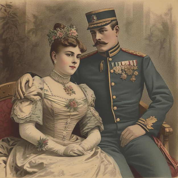 Un homme en uniforme militaire et une femme dans une vieille robe de bal