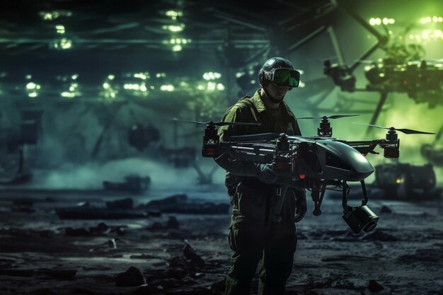 Un homme en uniforme militaire lance un drone dans le contexte d'une nuit d'atmosphère militaire