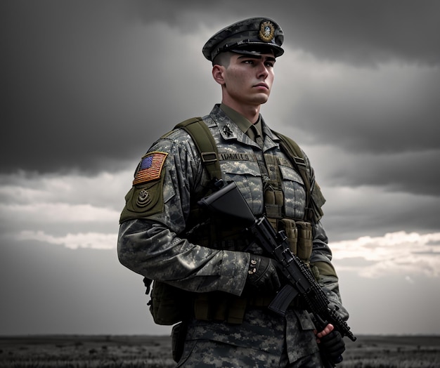 Un homme en uniforme militaire avec le mot armée sur le devant.
