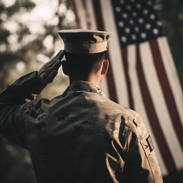 Un homme en uniforme militaire salue le drapeau devant un grand drapeau américain