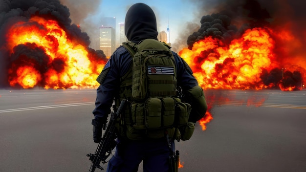 Un homme en uniforme militaire se tient devant un feu avec un sac à dos qui dit "feu" dessus.