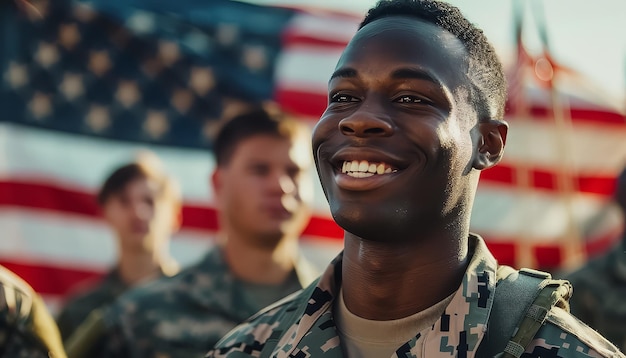 Photo un homme en uniforme militaire sourit et tient un drapeau.