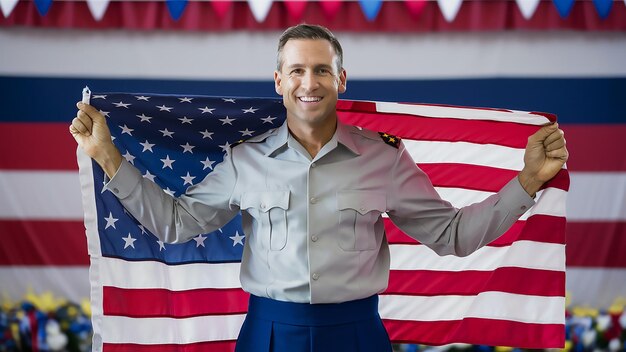 un homme en uniforme militaire tient un drapeau