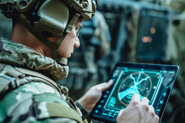 Photo un homme en uniforme militaire utilisant une tablette