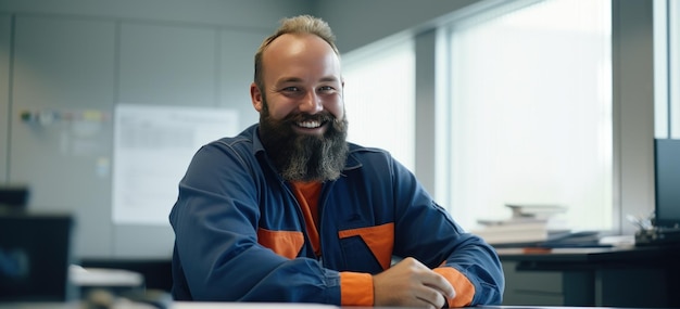 Photo un homme en uniforme orange et une barbe assis devant un bureau