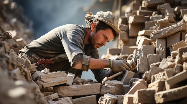 homme en uniforme avec pelle et marteau travaillant sur un chantier de construction